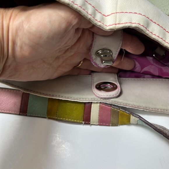 Coach #7459 Rare Ltd Ed Ivory Canvas Sage Leather Striped Strap Large Hobo Bag - Picture 11 of 15